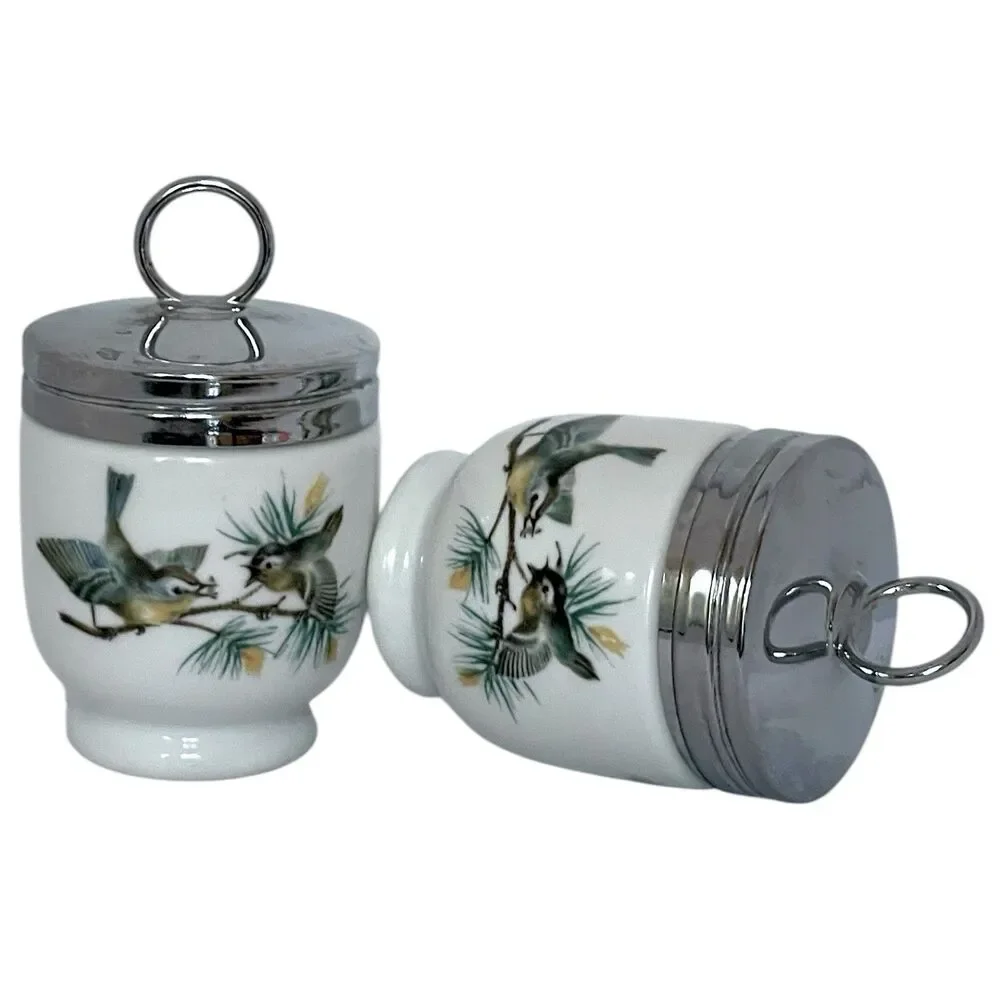 Set of 2 Vintage Royal Worcester 1960s "Woodland Birds" Porcelain Egg Coddlers - Picture 3 of 12